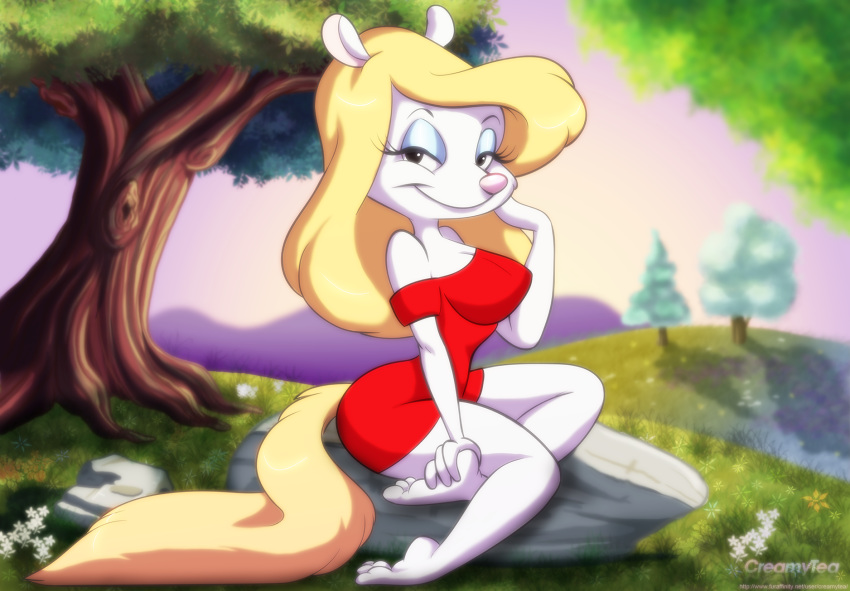 2017 3_toes 4_fingers animaniacs anthro bare_shoulders big_breasts biped blonde_hair breasts clothed clothing creamytea detailed_background digital_media_(artwork) dress eyelashes female fingers hair half-closed_eyes hi_res long_hair looking_at_viewer mammal minerva_mink mink mustelid musteline narrowed_eyes outside pink_nose short_dress sitting smile solo text thin_waist toes url warner_brothers