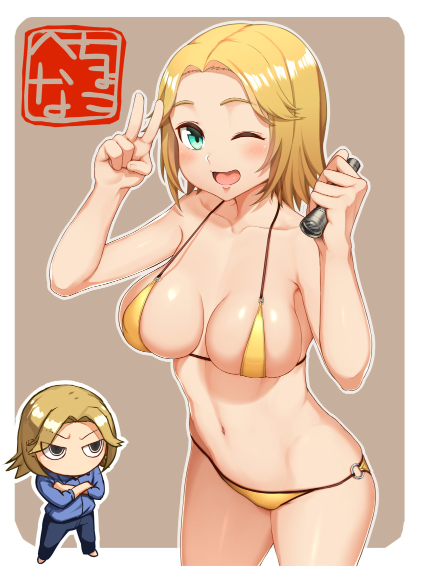 1girl bikini blonde_hair blue_eyes blue_shirt blush breasts chibi chibi_inset collarbone commentary_request copyright_request covered_nipples crossed_arms eyes_visible_through_hair hands_up highres holding_flashlight medium_breasts navel o-ring o-ring_bikini open_mouth outline pants shiny shiny_skin shirt short_hair simple_background sinzen standing swimsuit v yellow_bikini