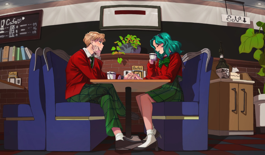 2girls bishoujo_senshi_sailor_moon blonde_hair blue_eyes blush cafe chair closed_eyes counter cup full_body green_hair highres holding_hands indoors kaiou_michiru looking_at_another menu multiple_girls open_mouth school_uniform short_hair skirt smile table teacup ten'ou_haruka very_short_hair yuri yurisuki00