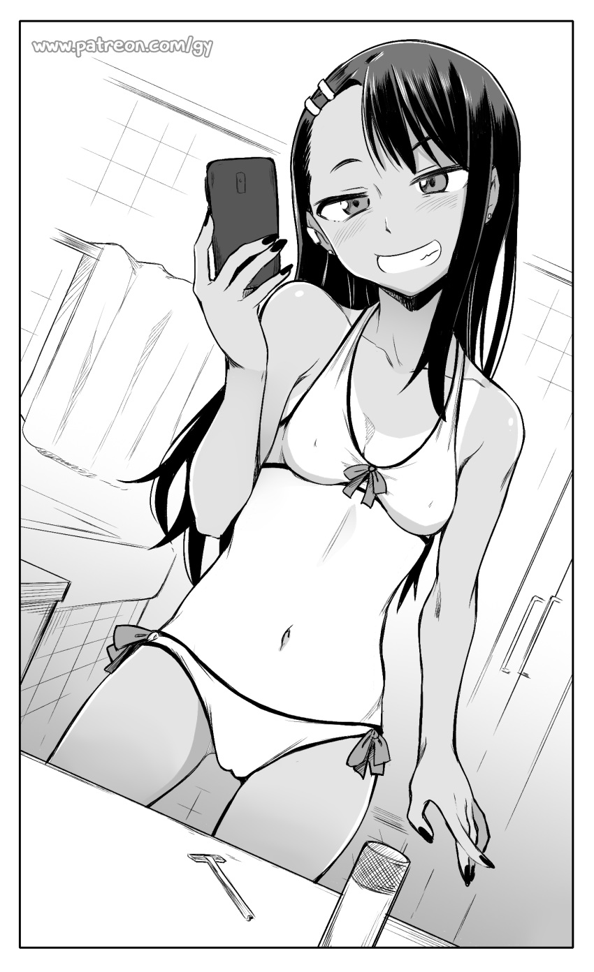 1girl asymmetrical_bangs bangs bow_bikini breasts cameltoe cellphone dark_skin dutch_angle ear_clip earrings female_pov fingernails ghettoyouth greyscale grin hair_ornament hairclip head_tilt highres holding holding_cellphone holding_phone ijiranaide_nagatoro-san jewelry long_fingernails mirror monochrome nagatoro nail_polish navel one-piece_tan phone pov razor self_shot small_breasts smartphone smile solo taking_picture tan tanline