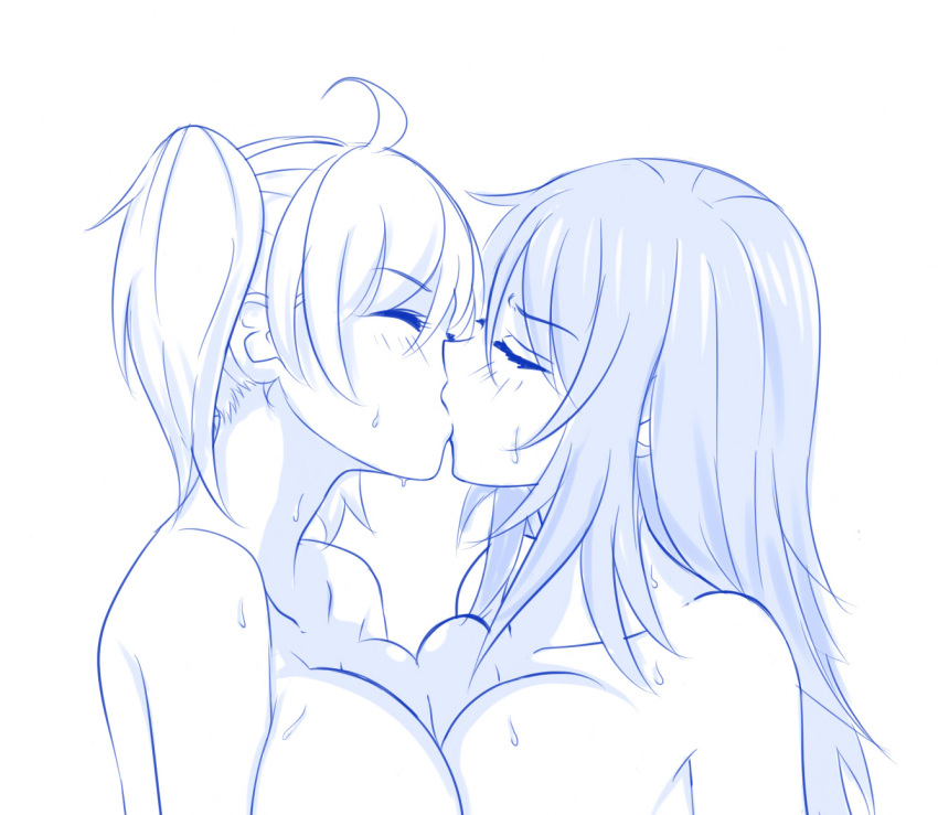 2girls ahoge breast_press breasts cleavage french_kiss gamo-chan_(nagatoro) ijiranaide_nagatoro-san kiss large_breasts long_hair monochrome multiple_girls nude shota sweat symmetrical_docking upper_body viperxtr wet yoshi_(nagatoro) yuri