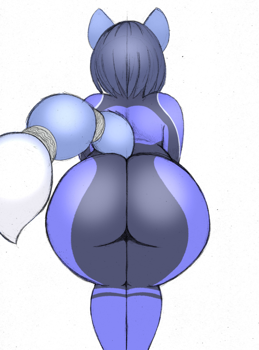 2019 big_butt blue_hair bodysuit butt canid canine clothing colored_sketch dipstick_tail female fox hair hi_res krystal mammal multicolored_tail nintendo omegasunburst rear_view simple_background skinsuit solo star_fox tailband tight_clothing video_games white_background