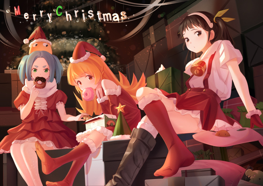 3girls asymmetrical_legwear bangs black_eyes black_hair blonde_hair blue_hair boots bow christmas dress eating frilled_sleeves frills fur-trimmed_boots fur-trimmed_gloves fur-trimmed_hat fur_trim gloves green_bow green_eyes hachikuji_mayoi hair_bow hairband hat knee_boots layered_dress long_hair looking_at_viewer merry_christmas mini_hat monogatari_(series) mouth_hold multiple_girls ononoki_yotsugi oshino_shinobu parted_bangs red_dress red_eyes red_footwear red_gloves red_headwear santa_costume santa_hat short_dress short_sleeves sitting tagame_(tagamecat) twintails very_long_hair white_hairband