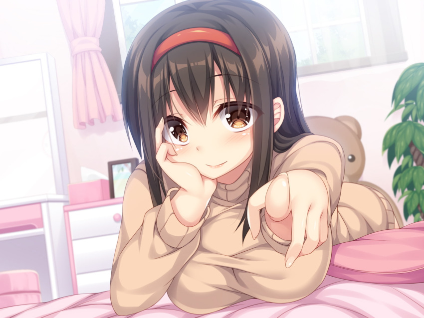 1girl bad_hand brown_eyes brown_hair brown_sweater drawer hand_on_own_cheek headband highres indoors official_art on_bed pointing pointing_at_viewer red_headband roshin smile solo stuffed_animal stuffed_toy sweater tissue_box window