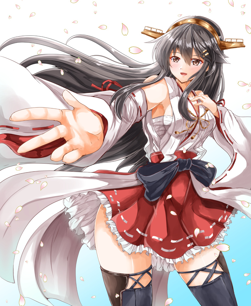 absurdres bare_shoulders black_hair blue_background boots brown_eyes cherry_blossoms commentary_request contrapposto cowboy_shot detached_sleeves foreshortening frilled_skirt frills gradient gradient_background hair_ornament hairband hairclip haruna_(kantai_collection) highres kancolle_arcade kantai_collection kentan_(kingtaiki) long_hair petals red_skirt ribbon-trimmed_sleeves ribbon_trim skirt smile standing thigh_boots thighhighs white_background