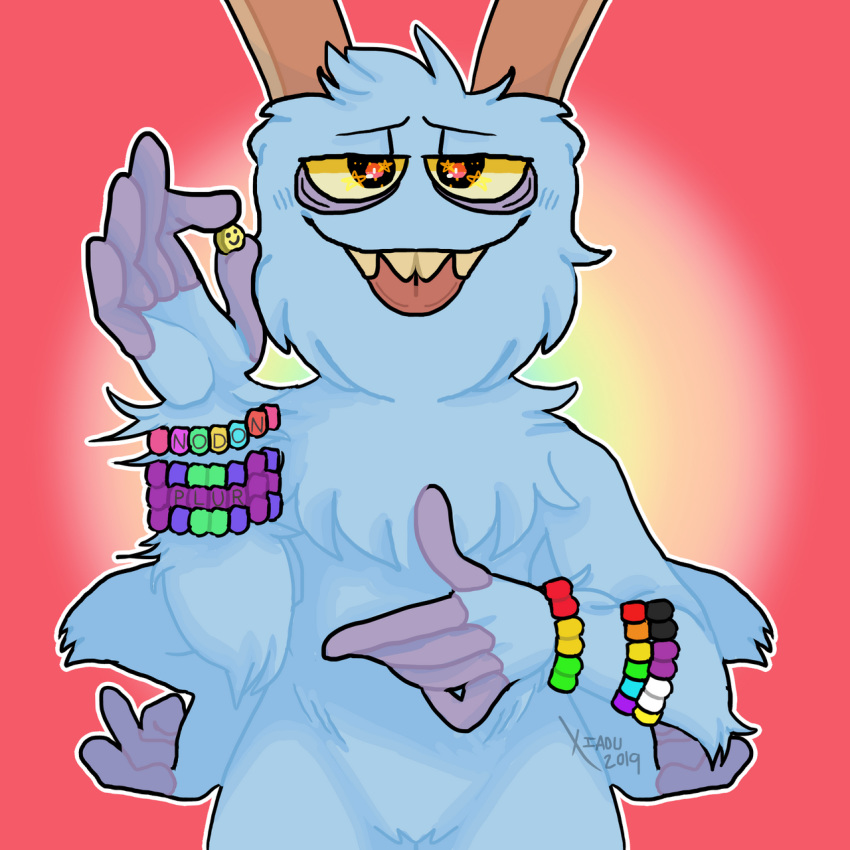 1:1 2019 4_arms 5_fingers ambiguous_gender bedroom_eyes big_blue_bubble biped black_eyes blep blue_body blue_fur bowgart bracelet brown_horn brown_teeth candy candy_bracelet digital_drawing_(artwork) digital_media_(artwork) english_text fangs fingerless_(marking) fingers food front_view fur fur_tuft grey_body half-closed_eyes half-length_portrait hands_on_hips hi_res holding_(disambiguation) horn horned_humanoid humanoid humanoid_hands jewelry kandi_(bracelet) lgbt_pride light lighting looking_at_viewer multi_arm multi_limb multicolored_body my_singing_monsters narrowed_eyes nonbinary_pride_colors noseless not_furry nude orange_pupils outline pink_background portrait pride_colors rainbow_bracelet rainbow_flag rainbow_pride_flag rainbow_symbol red_tongue seductive shadow simple_background smiley_face solo standing star_pupils text tongue tongue_out tuft two_tone_body video_games xiaoupaws yellow_sclera