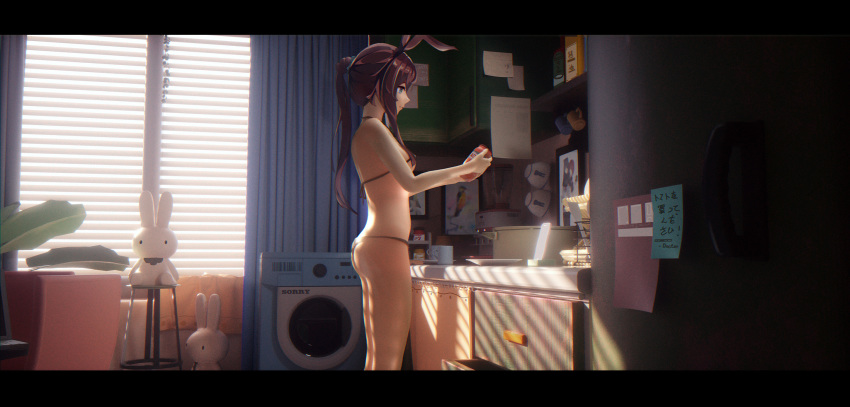 1girl amiya_(arknights) animal_ears arknights ass bare_arms bare_shoulders basket bikini black_bikini blue_eyes breasts brown_hair bunny_ears cabinet closed_mouth cup curtains day drawer feet_out_of_frame from_side highres holding holding_jar indoors jar kitchen letterboxed long_hair painting_(object) paper plate ponytail pot refrigerator sidelocks small_breasts smile solo standing stool stuffed_animal stuffed_bunny stuffed_toy sunlight swimsuit underboob washing_machine window