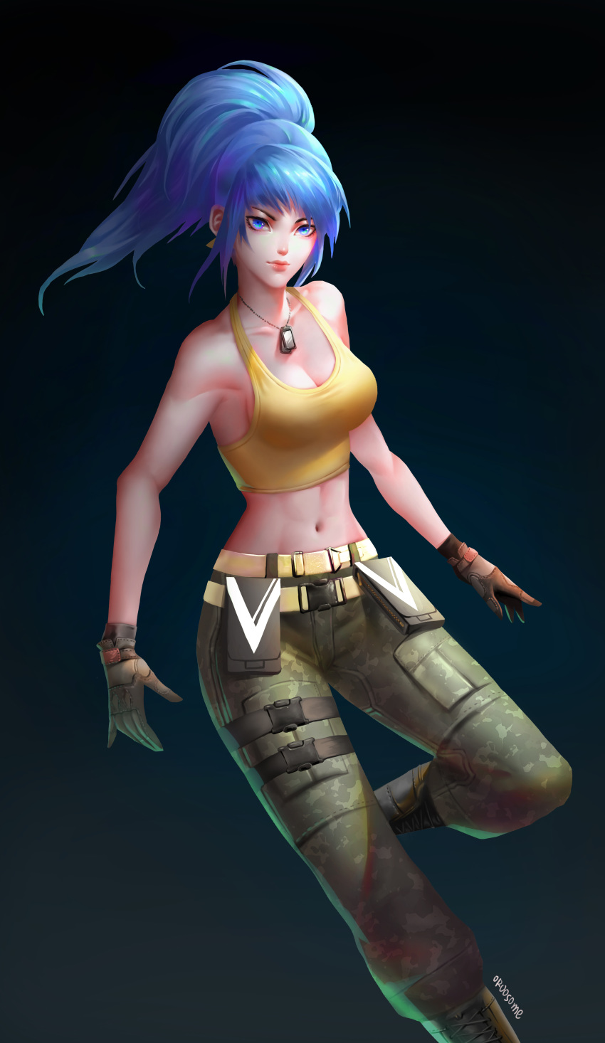 1girl abs absurdres belt blue_eyes blue_hair boots breasts cargo_pants cleavage combat_boots crop_top dog_tags earrings eyelashes gloves highres jewelry leona_heidern lips looking_at_viewer medium_breasts midriff navel no_bra oroo pants ponytail shirt sideboob sleeveless solo standing tank_top the_king_of_fighters toned triangle_earrings yellow_shirt