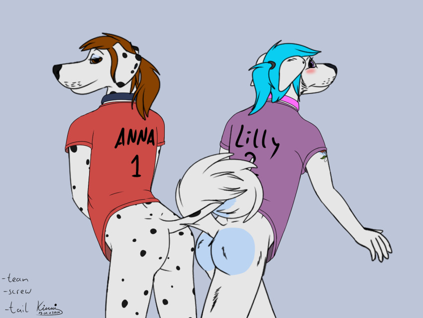 2020 anna_(kinaj) anthro blush bottomless butt canid canine canis clothed clothing collar dalmatian domestic_dog duo ear_piercing female hair hi_res husky kinaj lilly_(lilly.the.husky) mammal nordic_sled_dog piercing ponytail shirt spitz tattoo topwear