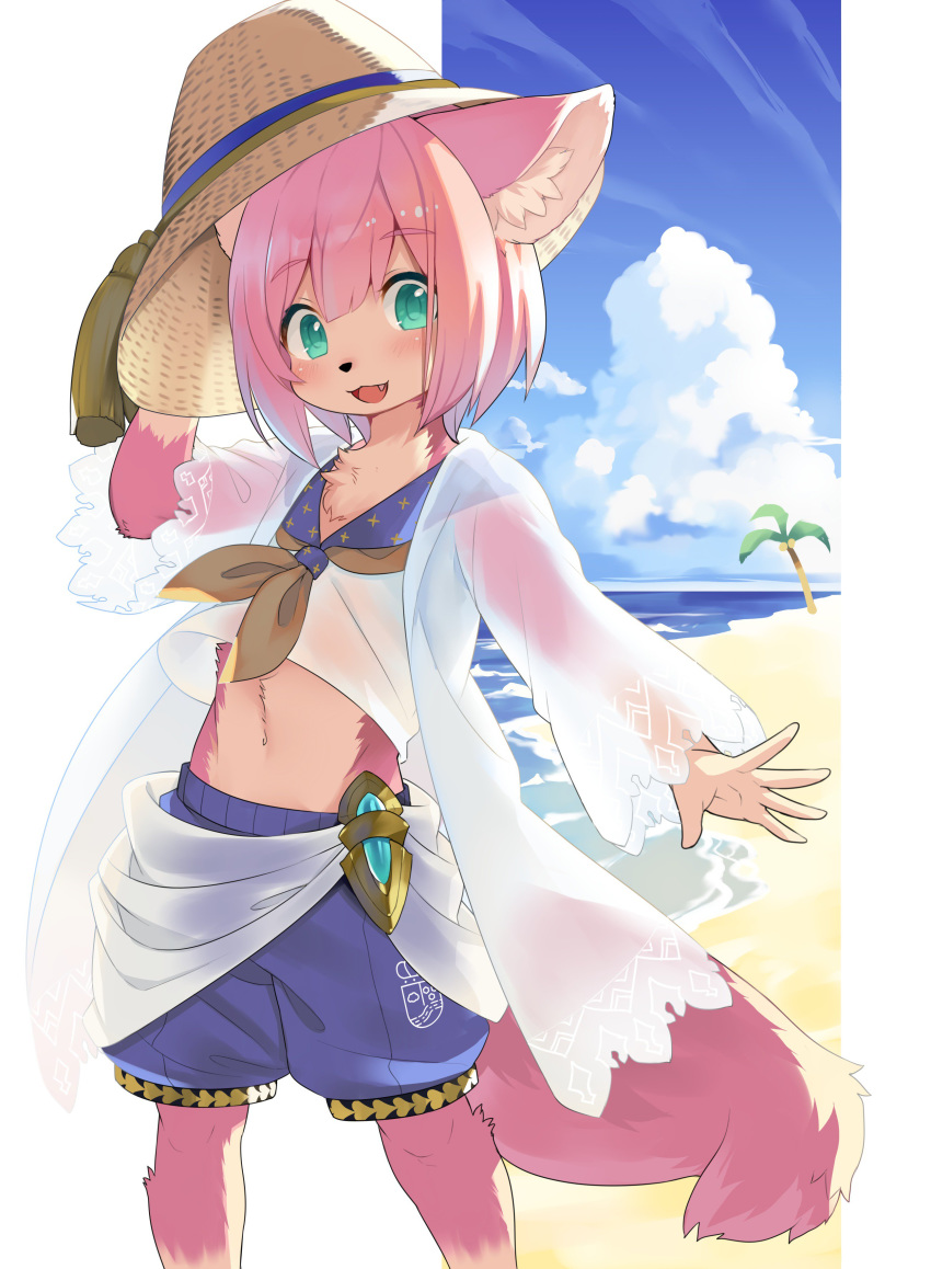 absurd_res anthro beach blue_eyes bottomwear chest_tuft clothed clothing cute_fangs day domestic_cat felid feline felis fur girly hair hat headgear headwear hi_res kemono kishibe lionel_eleonore_de_chienia lionel_eleonore_de_chienia_(channel) male mammal open_mouth outside pink_body pink_fur pink_hair seaside short_hair shorts solo tuft