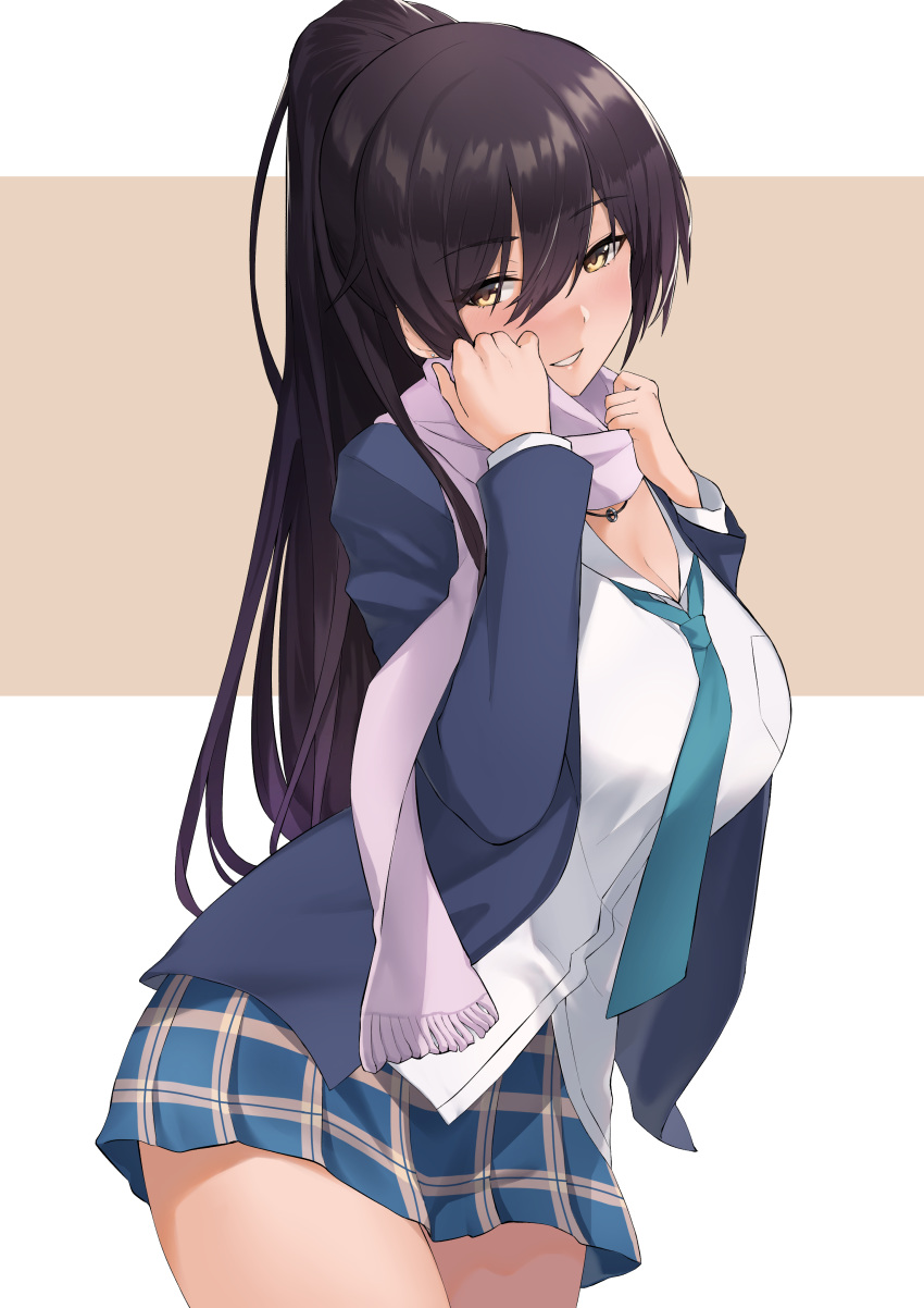 1girl absurdres bangs black_hair blue_jacket blue_skirt blush breasts cleavage dress_shirt fujitsubo_(hujitubo0731) green_neckwear hair_between_eyes high_ponytail highres idolmaster idolmaster_shiny_colors jacket large_breasts long_hair long_sleeves looking_at_viewer necktie parted_lips plaid plaid_skirt pleated_skirt ponytail scarf school_uniform shirase_sakuya shirt skirt smile solo thighs yellow_eyes