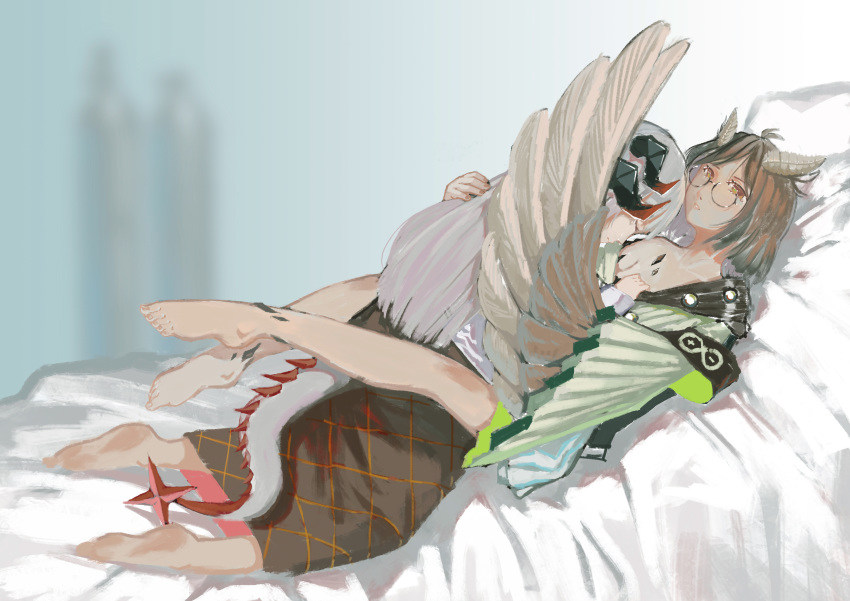 2girls absurdres arknights armband bangs bare_chest bed bed_sheet bob_cut brown_hair cloak closed_eyes dragon_tail dress feathered_wings feathers feet glasses highres horns hug leg_lock leg_up long_hair looking_at_viewer multiple_girls pale_skin pensive platinum_blonde_hair reclining rhine_lab_logo sand_(artist) saria_(arknights) semi-rimless_eyewear silence_(arknights) tail toes wings yellow_eyes