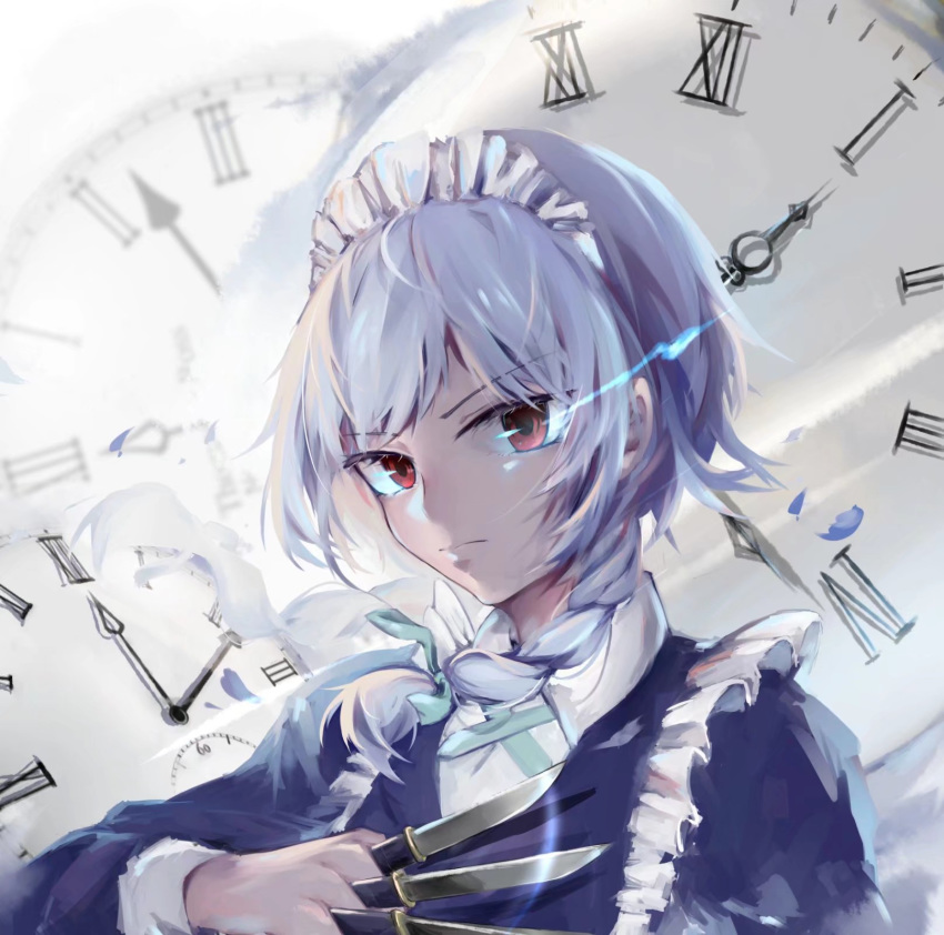 1girl aaapri bangs blue_dress braid clock dress eyebrows_visible_through_hair green_ribbon hair_ribbon highres holding holding_knife holding_weapon izayoi_sakuya knife knives_between_fingers long_sleeves looking_at_viewer maid maid_headdress red_eyes ribbon roman_numerals short_hair silver_hair single_braid solo touhou upper_body weapon