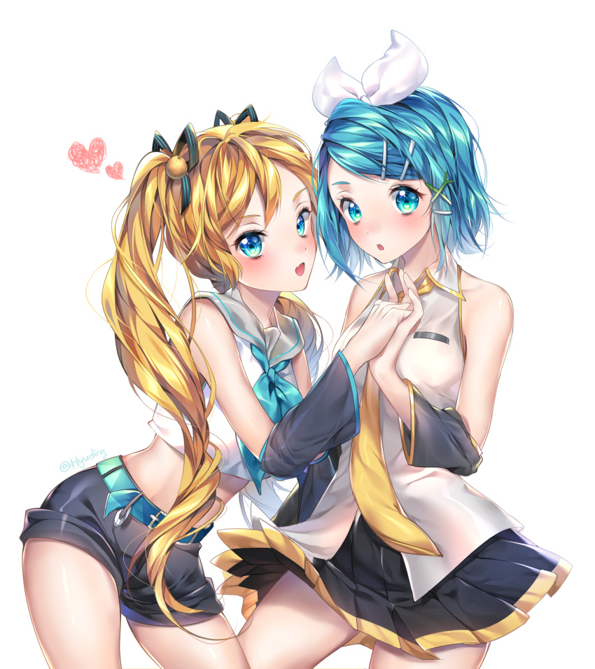 2girls alternate_hairstyle aqua_hair aqua_neckwear bangs bare_shoulders belt black_shorts black_skirt black_sleeves blonde_hair blue_eyes blush bow color_switch commentary cowboy_shot crop_top detached_sleeves english_commentary fang hair_bow hair_ornament hair_ribbon hairclip hairstyle_switch hatsune_miku heart hhgy0925 highres holding_hands kagamine_rin leaning_forward long_hair looking_at_viewer multiple_girls neckerchief necktie open_mouth ribbon sailor_collar shirt short_shorts shorts skin_fang skirt sleeveless sleeveless_shirt swept_bangs twintails very_long_hair vocaloid white_background white_bow white_shirt yellow_neckwear