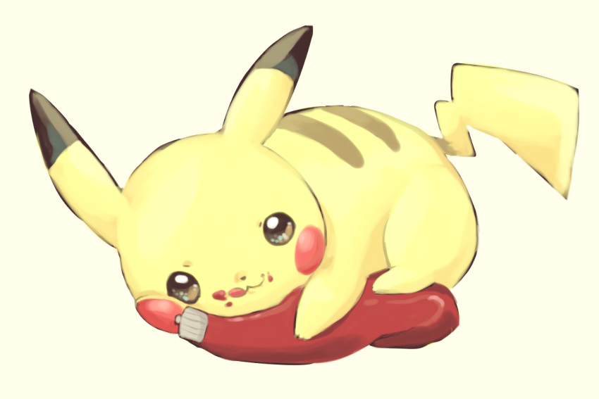 creature full_body gen_1_pokemon holding ketchup ketchup_bottle looking_at_viewer lying mizuto_(o96ap) no_humans on_stomach pikachu pokemon pokemon_(anime) pokemon_(creature) simple_background solo white_background
