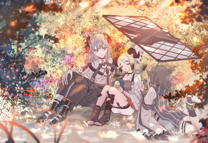 3girls arknights armband bangs blonde_hair bob_cut brown_hair cloak cyndaquil dress feathers foliage glasses grass high_collar highres horns ifrit_(arknights) leg_up light_rays long_hair looking_at_another lying multiple_girls on_grass on_stomach open_toe_shoes platinum_blonde_hair pokemon rhine_lab_logo saria_(arknights) shield silence_(arknights) sitting sleeping strap sunbeam sunlight tickling twintails wu_se_bu_hui_(940164887)