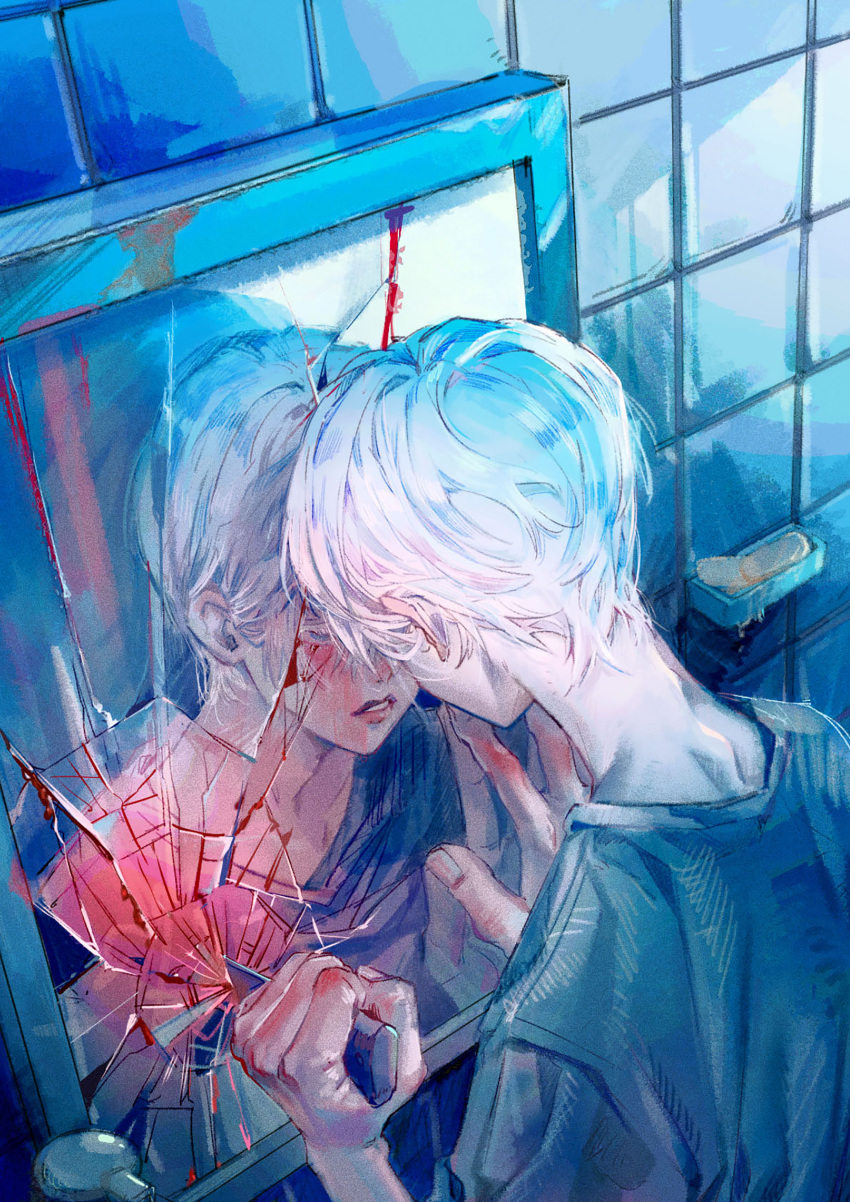 1boy absurdres bathroom blood blue_eyes cracked guro highres holding holding_knife holding_weapon indoors knife koyamamohime male_focus mirror original parted_lips reflection soap stabbing weapon white_hair