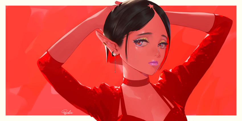 black_hair choker close original pointed_ears red red_eyes tajima_yukie