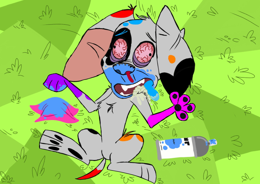 101_dalmatian_street 101_dalmatians 2019 blood bloodshot_eyes bodily_fluids canid canine canis da_vinci_(101_dalmatians) dalmatian disney domestic_dog drugs female feral foaming_at_mouth grimdark hi_res lying mammal nosebleed on_back paint simple_background spots spray_paint unknown_artist