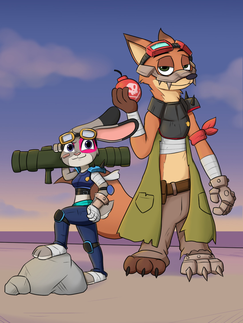 2020 anthro bomb canid canine cloud dipstick_ears disney duo explosives eyewear female fox fur goggles grey_body grey_fur hi_res holding_gun holding_object holding_weapon judy_hopps lagomorph leporid looking_at_viewer mammal mew-me midriff multicolored_ears nick_wilde orange_body orange_fur outside pose rabbit red_fox rock sky smile standing weapon zootopia