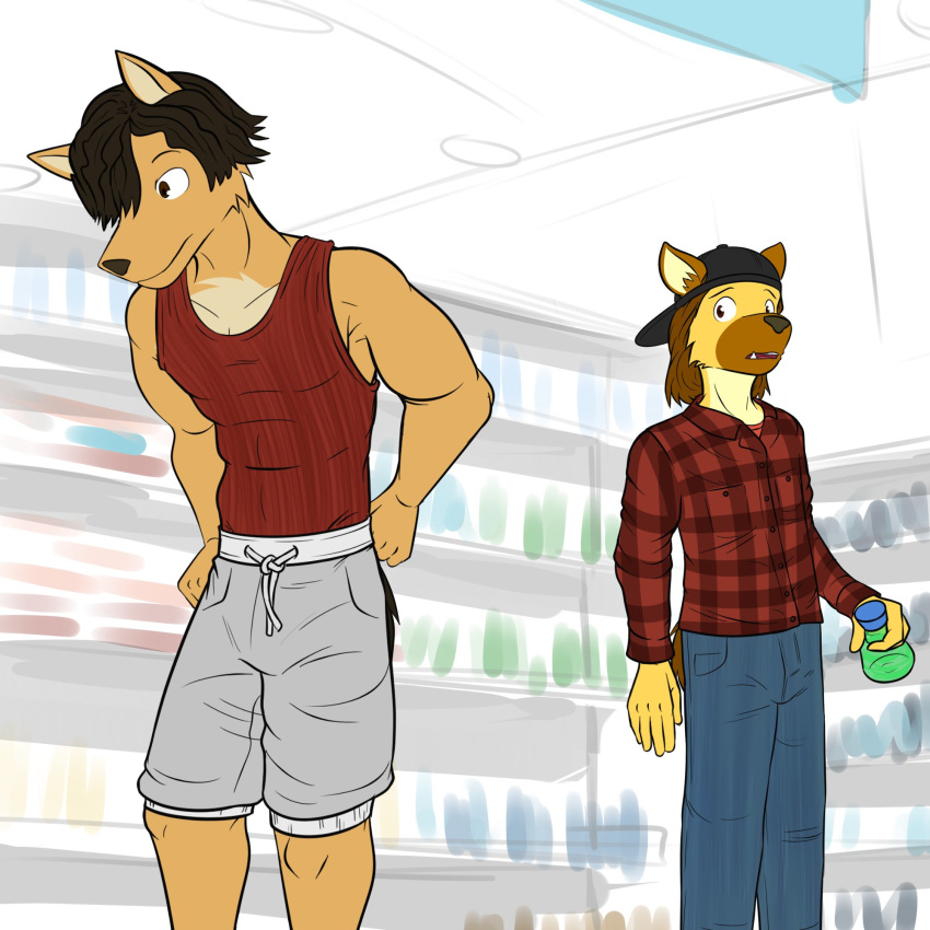 1:1 athletic backwards_baseball_cap baseball_cap bottomwear canid canine canis clothed clothing domestic_dog duo fully_clothed furgonomics fuze fuzeyeen hat headgear headwear hi_res hyaenid jeans male mammal pants plaid_shirt shirt shorts spotted_hyena tank_top topwear