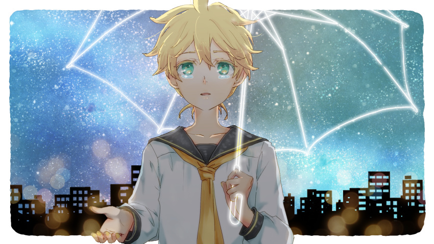 1boy alternate_sleeve_length aqua_eyes backlighting black_collar blonde_hair cityscape collar collarbone commentary highres holding holding_umbrella kagamine_len lens_flare long_sleeves looking_up male_focus nail_polish necktie night night_sky outstretched_hand parted_lips sailor_collar sakanashi school_uniform shirt silhouette sky spiked_hair star_(sky) starry_sky tears umbrella upper_body vocaloid white_shirt yellow_nails yellow_neckwear