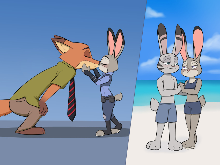 2019 4:3 anthro anthro_on_anthro beach blush bottomwear canid canine clothed clothing cloud disney ear_markings eyes_closed facial_markings fox fully_clothed fur grey_body grey_fur head_markings hi_res jack_savage judy_hopps kissing lagomorph leporid mammal markings mew-me midriff necktie nick_wilde orange_body orange_fur pants rabbit red_fox sand sea seaside shirt side_view sky smile topless topwear water zootopia