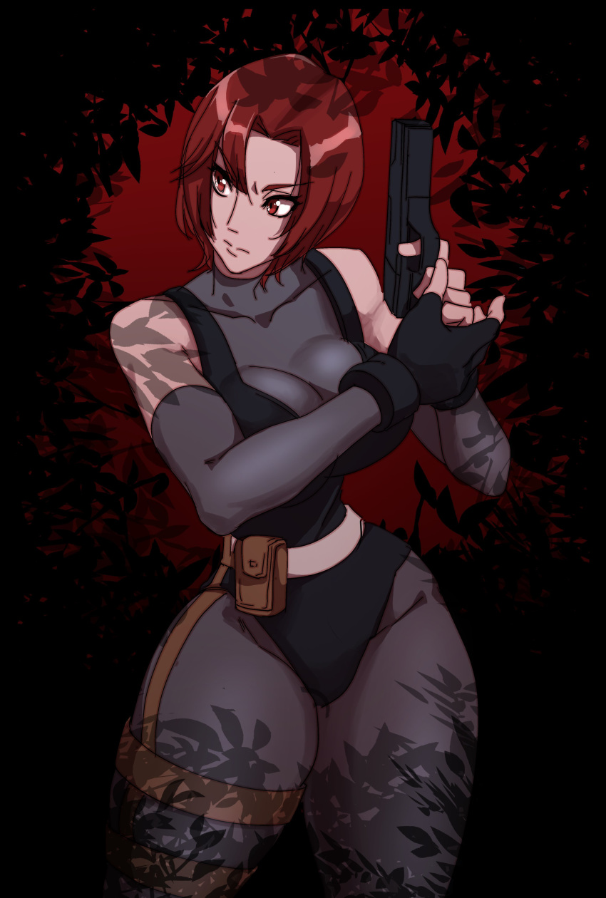 1girl absurdres belt belt_pouch black_leotard breasts commentary detached_sleeves dino_crisis english_commentary finger_on_trigger gun handgun highres holding holding_gun holding_weapon large_breasts leotard looking_to_the_side nisego pistol pouch red_eyes red_hair regina_(dino_crisis) solo spandex thick_thighs thigh_strap thighs toned weapon