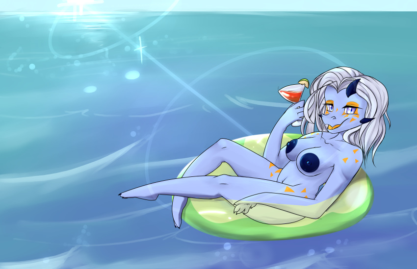 2020 absurd_res alcohol anthro beach beverage bikini blue_body blue_nipples blue_skin breasts clothed clothing digital_media_(artwork) dragon female floaty hair hi_res looking_at_viewer nipples nude outside plantigrade scalie sea seaside sinnamon_roll sky smile solo sunny swimwear water white_hair