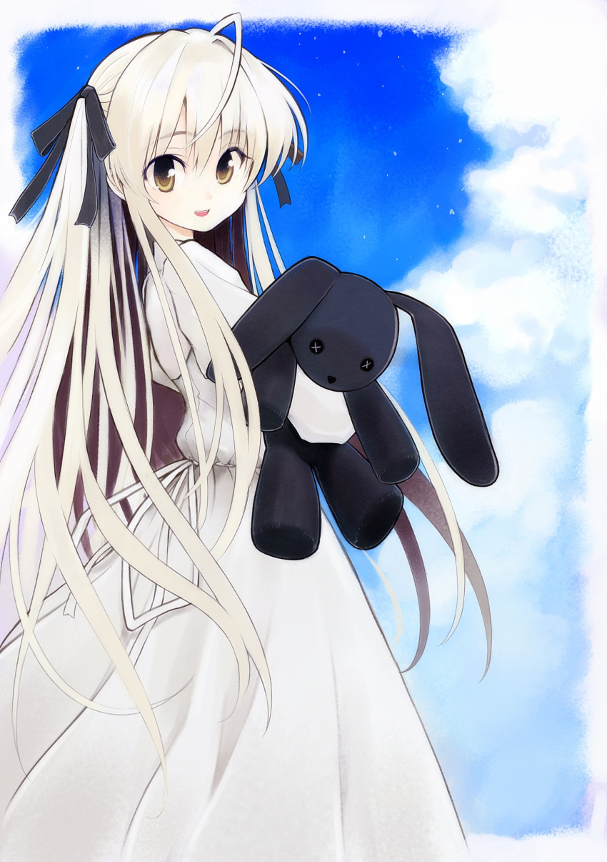 1girl :d ahoge azumaya_toushirou bangs black_ribbon blue_sky brown_eyes cloud day dress eyebrows_visible_through_hair floating_hair hair_between_eyes hair_ribbon highres holding holding_stuffed_animal kasugano_sora long_dress long_hair looking_at_viewer open_mouth outdoors ribbon silver_hair sky smile solo standing stuffed_animal stuffed_toy sundress very_long_hair white_dress white_ribbon yosuga_no_sora