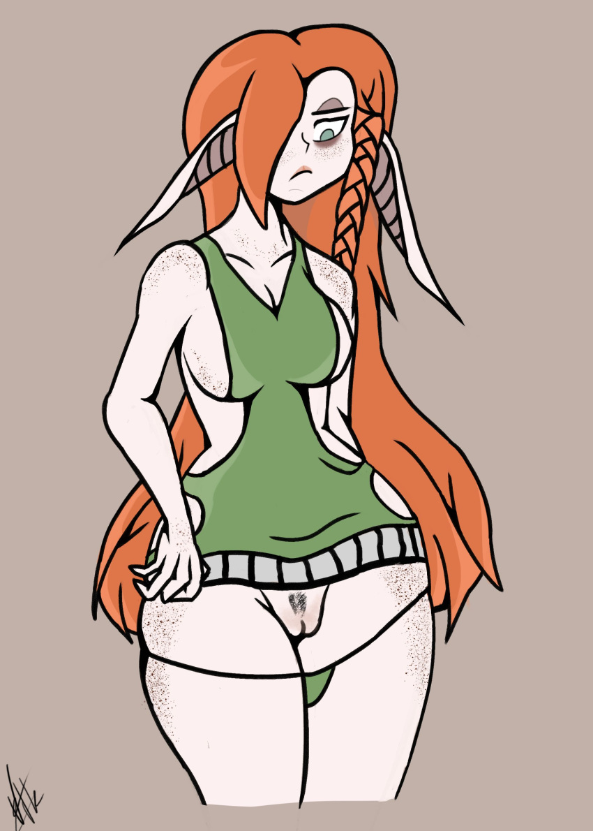 absurd_res big_breasts big_butt braided_hair breasts butt clothed clothing curvy_figure digital_media_(artwork) elf female freckles genitals guiltyskull_(artist) hair hi_res humanoid long_hair melancholic mood pussy red_hair solo tired underwear