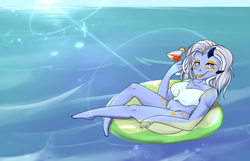 2020 absurd_res alcohol anthro beach beverage bikini clothed clothing digital_media_(artwork) dragon female floaty hair hi_res looking_at_viewer outside rose_(disambiguation) scalie sea seaside sinnamon_roll sky smile solo sunny swimwear water