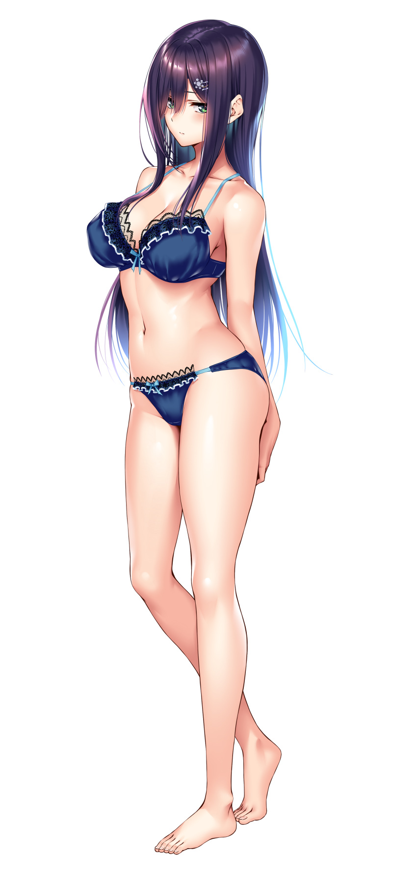1girl absurdres amakano_2 barefoot blue_bra blue_panties bra breasts cleavage contrapposto expressionless full_body game_cg green_eyes hair_ornament hair_over_one_eye hairclip highres himiyama_rei lace lace-trimmed_bra lace-trimmed_panties large_breasts long_hair looking_at_viewer navel panties piromizu purple_hair sidelocks snowflake_hair_ornament solo standing transparent_background underwear underwear_only