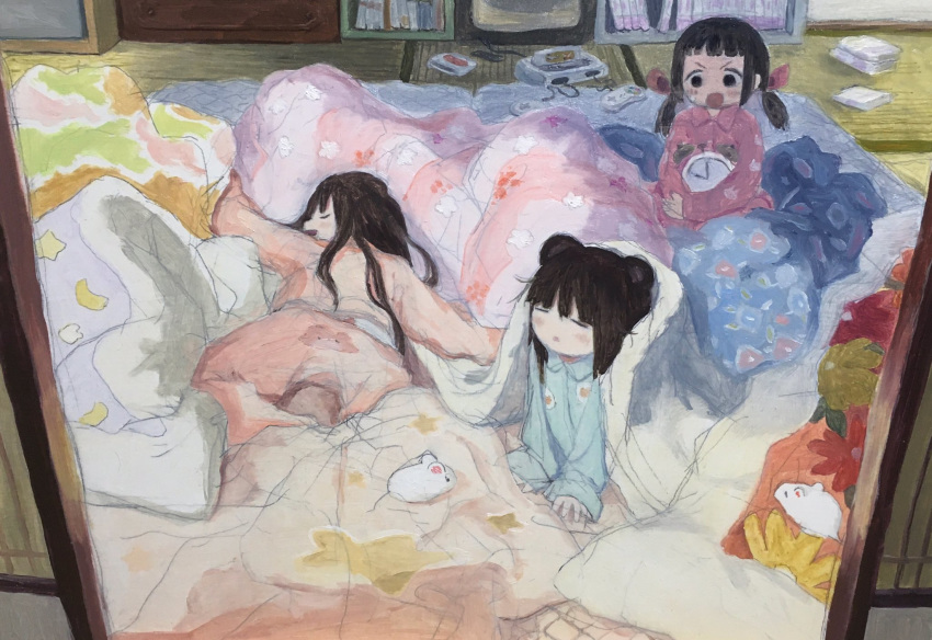 3girls alarm_clock animal_ears animal_print bangs bear_ears black_eyes black_hair blanket blunt_bangs blush book bookshelf brown_hair bunny_print clock closed_eyes commentary controller floral_print futon game_cartridge game_console hair_ribbon highres hikari_komitia long_hair lying mouse multiple_girls open_mouth original pajamas ribbon short_hair shouting sitting sleeping star star_print super_nintendo television twintails under_covers