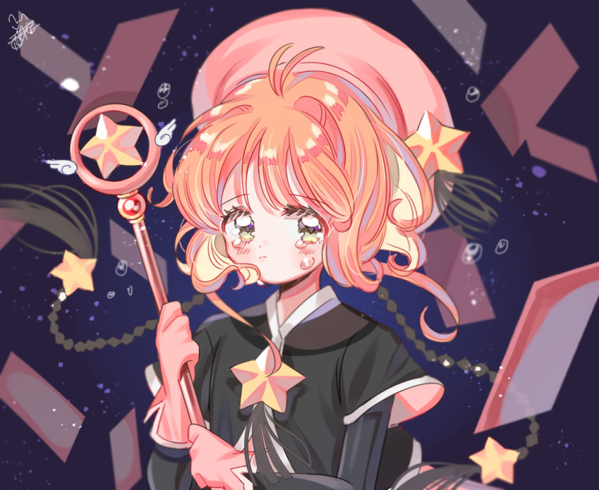 1girl black_capelet black_shirt capelet cardcaptor_sakura gloves green_eyes holding holding_wand hoshi_no_tsue kinomoto_sakura long_sleeves orange_hair pink_gloves pink_headwear shirt solo star tears wand yalmyu