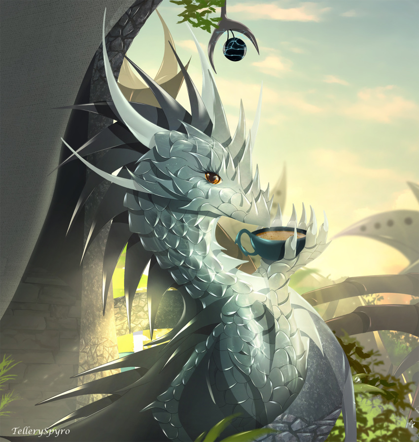 2020 claws day detailed_background digital_media_(artwork) dragon female feral hi_res horn membrane_(anatomy) membranous_wings orange_eyes outside scales scalie sky solo spines telleryspyro western_dragon wings