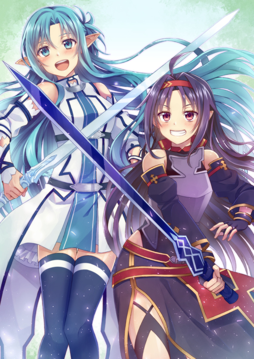 2girls :d ahoge asuna_(sao-alo) bangs bare_shoulders blue_eyes blue_hair blue_legwear blush body_armor breastplate breasts commentary_request cowboy_shot detached_sleeves dress eyebrows_behind_hair fingerless_gloves gloves grin hair_intakes hairband half_updo highres holding holding_sword holding_weapon inuro_neko_(kuro-nyan) leotard long_hair looking_at_viewer medium_breasts multiple_girls open_mouth parted_bangs pointy_ears purple_gloves purple_hair purple_leotard purple_skirt purple_sleeves rapier red_eyes red_hairband side_slit skirt smile sword sword_art_online thighhighs weapon white_dress white_sleeves yuuki_(sao) zettai_ryouiki