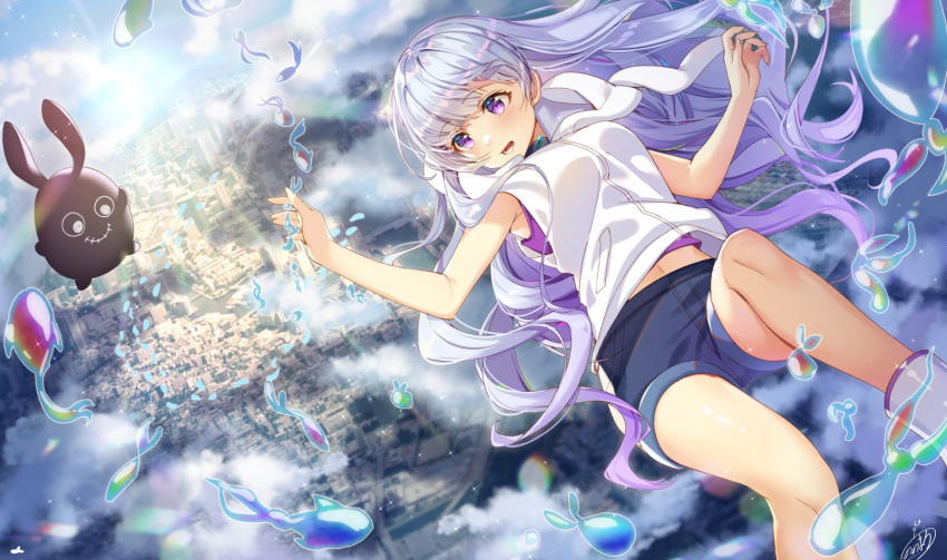 1girl animal_hood bangs blue_shorts bunny_hood eyebrows_visible_through_hair floating_hair highres hood hood_down hooded_cardigan long_hair midriff navel nonomaro open_mouth outdoors purple_eyes purple_tank_top shiny shiny_hair short_shorts shorts signature silver_hair solo stomach tenki_no_ko very_long_hair white_cardigan