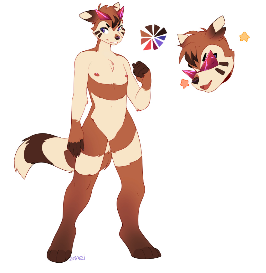 2019 anthro brown_body brown_fur caramel_carnivale chest_tuft color_swatch digital_media_(artwork) eyewear eyewear_on_head facial_markings featureless_crotch fur furret glasses head_markings head_tuft hi_res long_tail male mammal markings mustelid nintendo nipples nude nukber pok&eacute;mon pok&eacute;mon_(species) pok&eacute;morph simple_background solo standing star sunglasses sunglasses_on_head tan_body tan_fur tuft video_games white_background zamzi