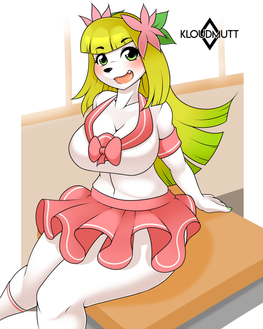 2020 anthro black_nose blush breasts cleavage clothed clothing digital_media_(artwork) eyelashes female green_eyes green_hair hair hi_res kloudmutt land_forme_shaymin legendary_pok&eacute;mon long_hair looking_at_viewer nintendo open_mouth pok&eacute;mon pok&eacute;mon_(species) school_uniform shaymin signature solo tongue uniform video_games