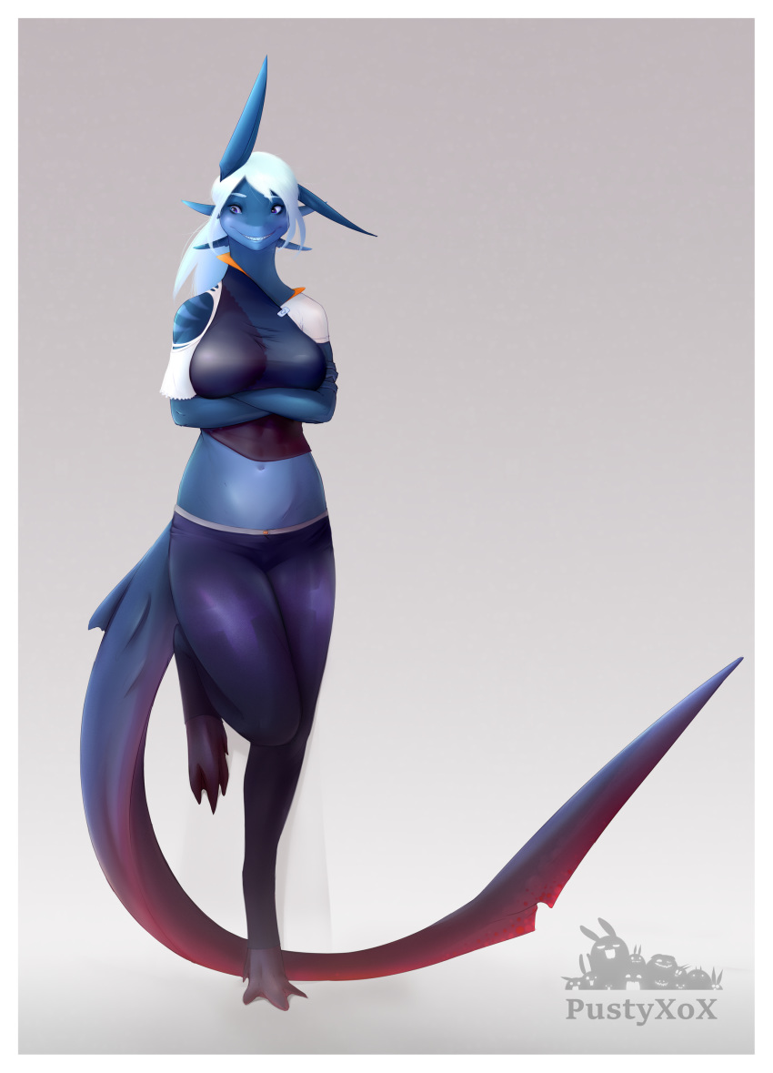 absurd_res anthro blue_body blue_scales bottomwear clothing crossed_arms female fish front_view hair hi_res josa long_tail looking_aside looking_down marine midriff multicolored_body multicolored_scales navel on_one_leg pants purple_eyes pustyxox scales shark sharp_teeth solo standing teeth white_hair