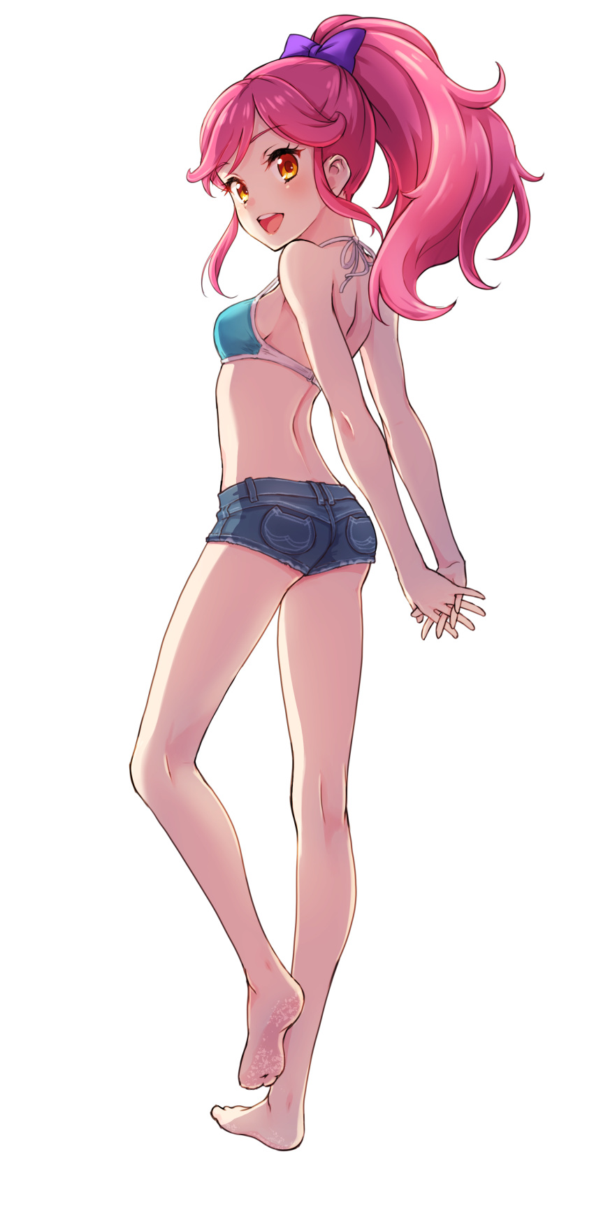 1girl absurdres aikatsu! aikatsu!_(series) aqua_bikini_top ass back bare_legs barefoot bikini_top brown_eyes eyebrows_visible_through_hair from_behind full_body halter_top halterneck highres interlocked_fingers long_hair looking_back otoshiro_seira own_hands_together pink_hair ponytail round_teeth shadow short_shorts shorts simple_background solo stretch swimsuit teeth upper_teeth wantacchi white_background