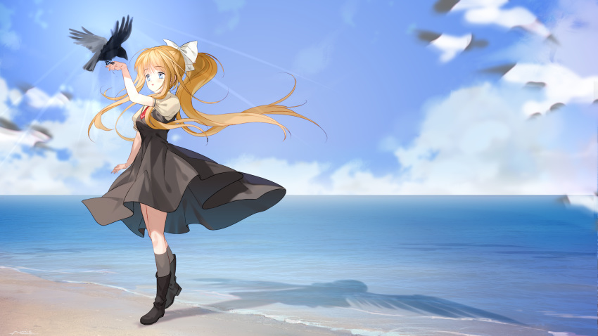 al_mican animal beach bird kamio_misuzu long_hair ponytail sky