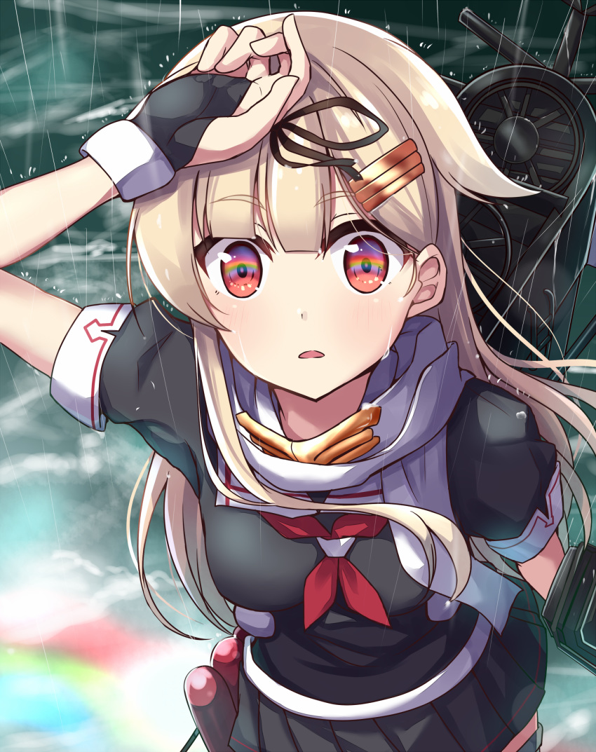 1girl black_gloves black_ribbon black_serafuku black_skirt blonde_hair fingerless_gloves gloves hair_flaps hair_ornament hair_ribbon hairclip highres kantai_collection long_hair neckerchief open_mouth pleated_skirt rain rainbow red_eyes red_neckwear remodel_(kantai_collection) ribbon scarf school_uniform serafuku skirt solo soramuko torpedo white_scarf yuudachi_(kantai_collection)