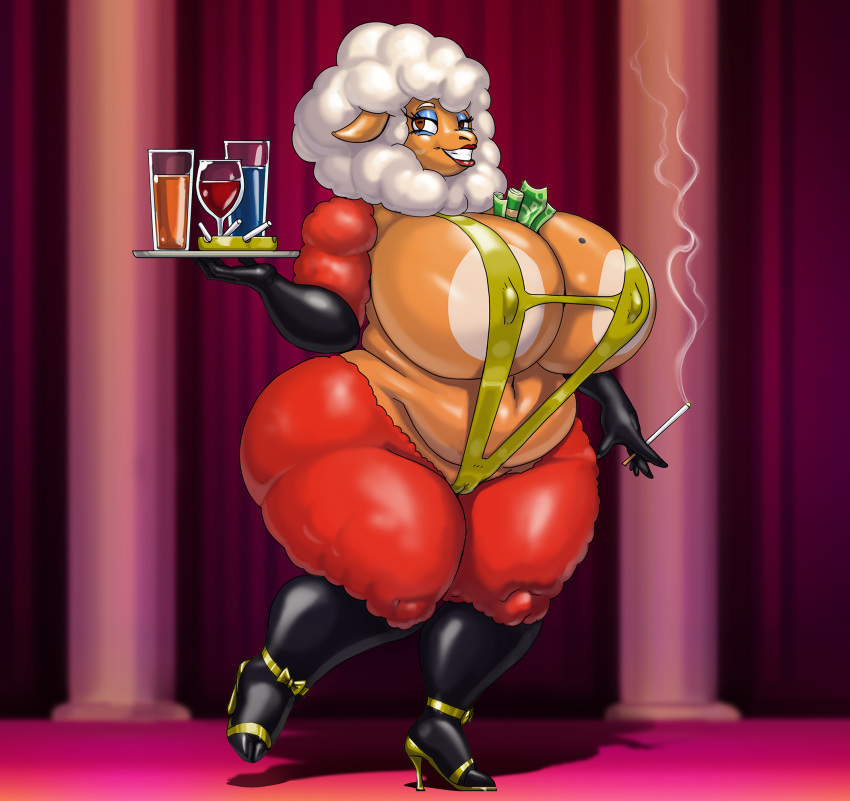 big_breasts bikini bovid breasts caprine cigarette clothing drinks female footwear fur helbaa_(smutbooru) hi_res high_heels huge_breasts lips looking_at_viewer mammal mole_(marking) money overweight overweight_female sheep shoes smile smoke solo swimwear teeth vdisco wool_(fur)