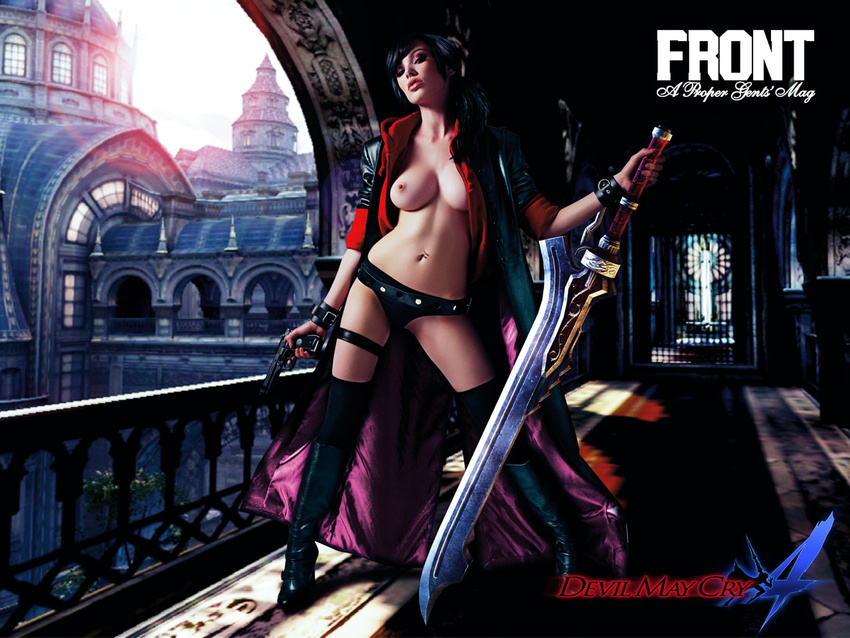breasts capcom cosplay devil_may_cry devil_may_cry_4 genderswap gun nero nero_(devil_may_cry) photo sword topless trench_coat trenchcoat vikki_blows weapon