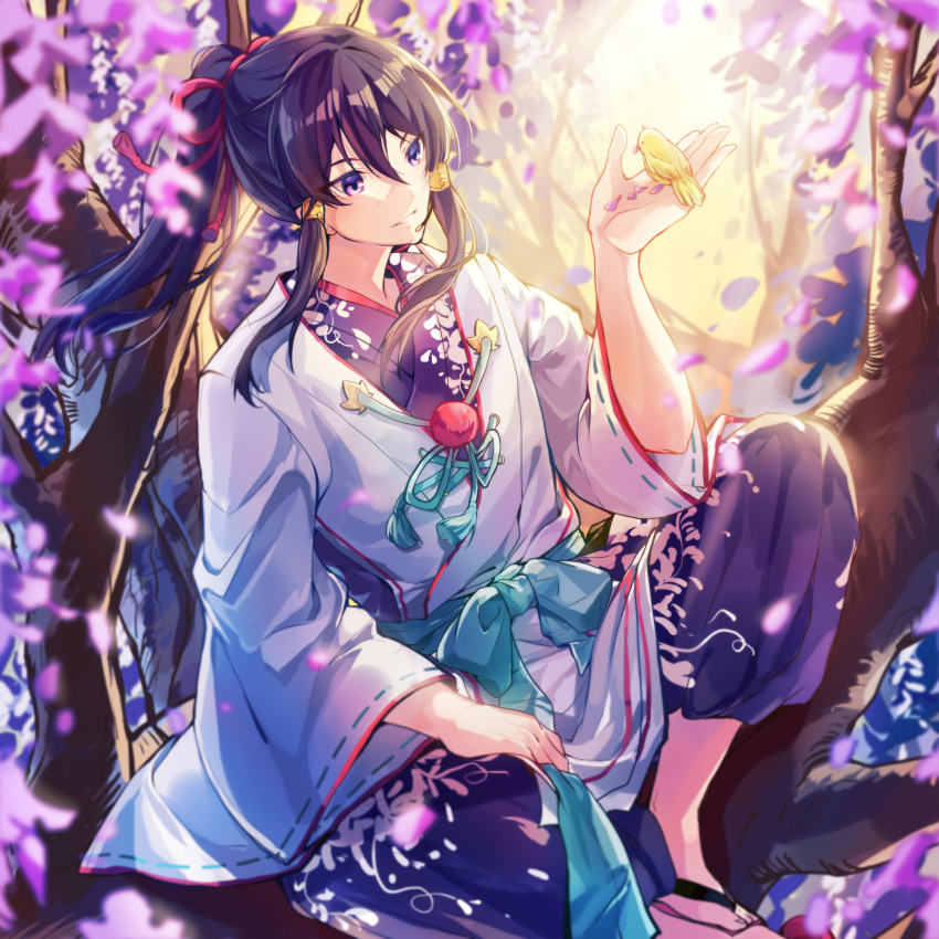 1boy absurdres amako_(kitashiragawa) arm_up bird bird_on_hand bishounen black_hair blue_kimono blurry commentary_request depth_of_field ensemble_stars! floral_print flower hair_between_eyes hair_blowing hair_ribbon hand_on_lap highres in_tree japanese_clothes kanzaki_souma kariginu kimono knee_up long_hair looking_at_animal male_focus open_hand outdoors parted_lips petals ponytail purple_eyes ribbon sandals sidelocks sitting smile solo sunlight tree twilight wind wisteria