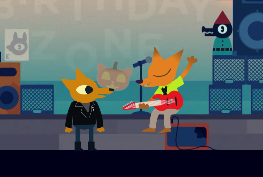 anthro canid canine clothing crossover detailed_background disney duo eyes_closed fox gregg_lee guitar looking_at_another mammal microphone musical_instrument nick_wilde night_in_the_woods on_model plucked_string_instrument sitting speaker standing string_instrument style_parody theblueberrycarrots video_games zootopia