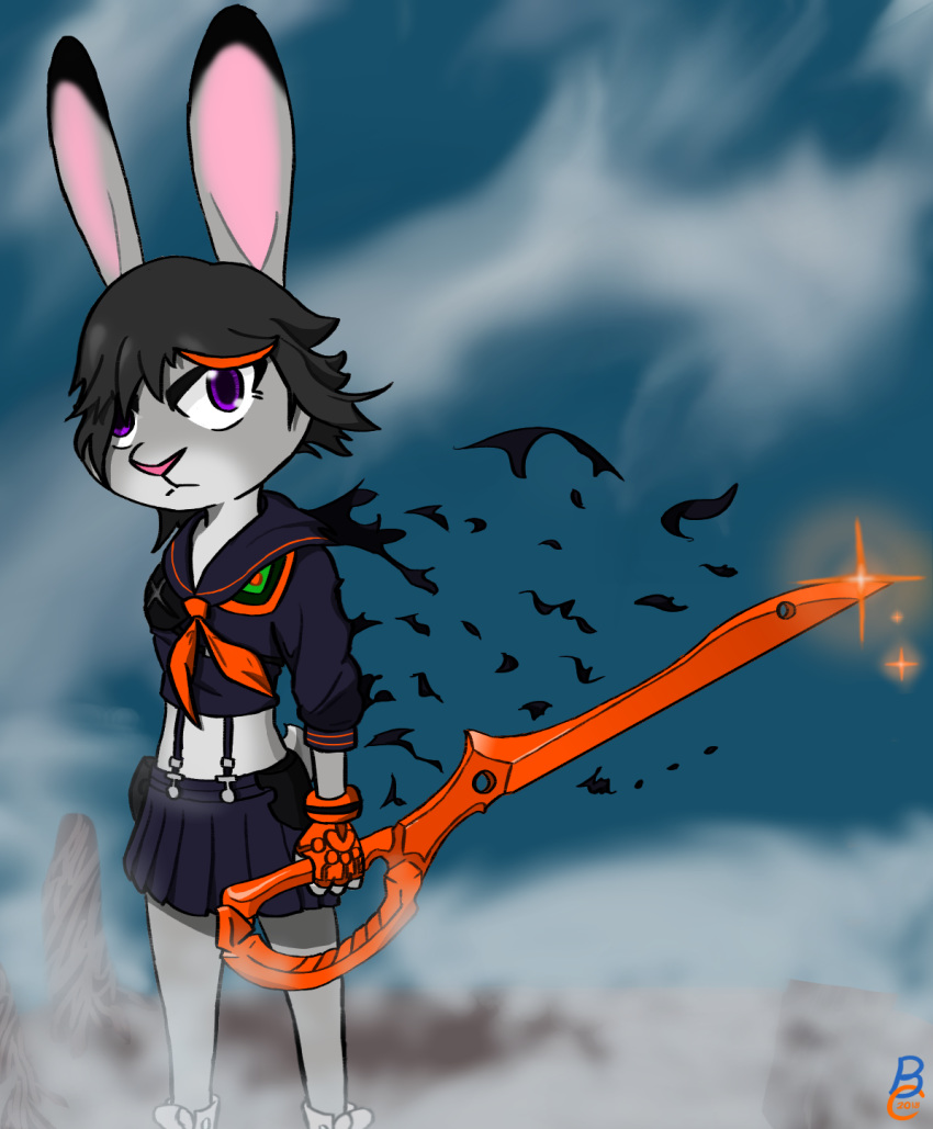 2018 anthro bottomwear clothed clothing cosplay crossover crossover_cosplay disney fully_clothed fur grey_body grey_fur hi_res holding_object holding_weapon judy_hopps kill_la_kill lagomorph leporid mammal melee_weapon outside purple_eyes rabbit ryūko_matoi skirt solo standing studio_trigger sword theblueberrycarrots weapon zootopia