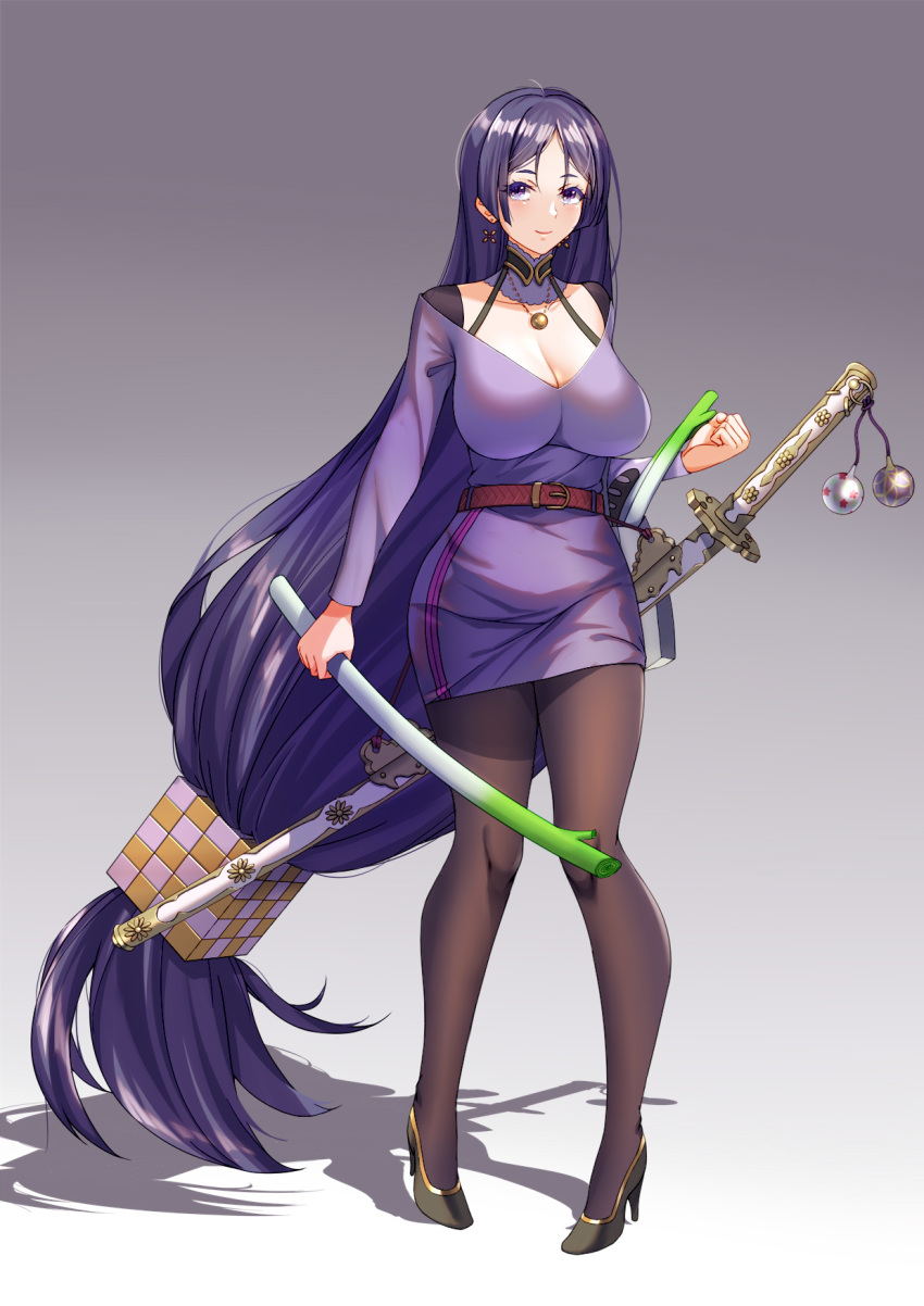 1girl alternate_costume black_footwear black_legwear breasts commentary_request dress fate/grand_order fate_(series) full_body high_heels highres holding_spring_onion katana large_breasts long_hair long_sleeves low-tied_long_hair minamoto_no_raikou_(fate/grand_order) pantyhose purple_dress purple_eyes purple_hair ryuuzouji_usagi scabbard sheath sheathed short_dress solo spring_onion standing sword very_long_hair weapon